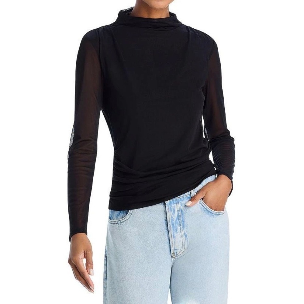 Aqua Black Mock Neck Long Sleeve Ruched Sheer Mesh Top Blouse